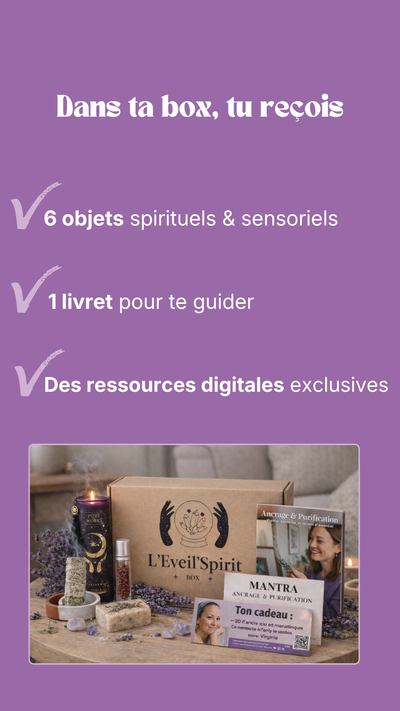 Box spirituelle sans engagement leveilspiritbox avec ses objets spirituels présentés sur une table.