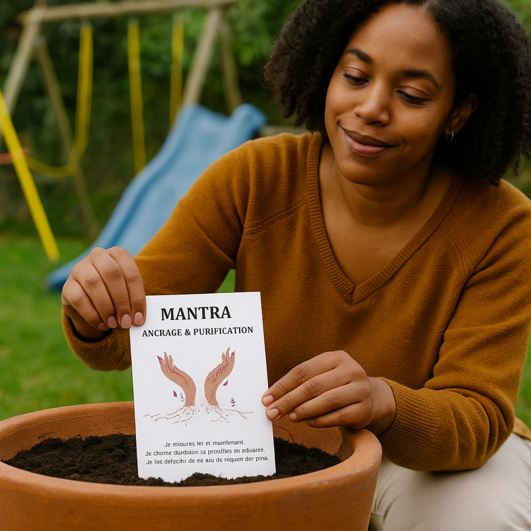 Carte mantra Ancrage & Purification de la Box 1  L'Eveilspiritbox tenue au-dessus d’un pot de terre en extérieur.