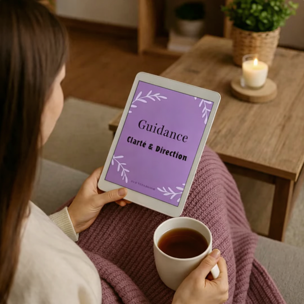 Guidance Clarté & Direction leveilspiritbox affichée sur une tablette dans une ambiance cosy.