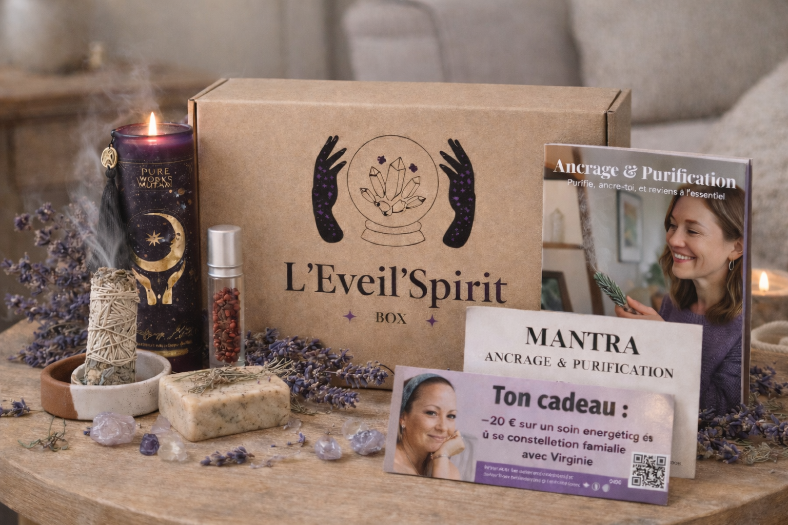 Présentation de la box spirituelle Ancrage & Purification leveilspiritbox avec ses objets et cartes.